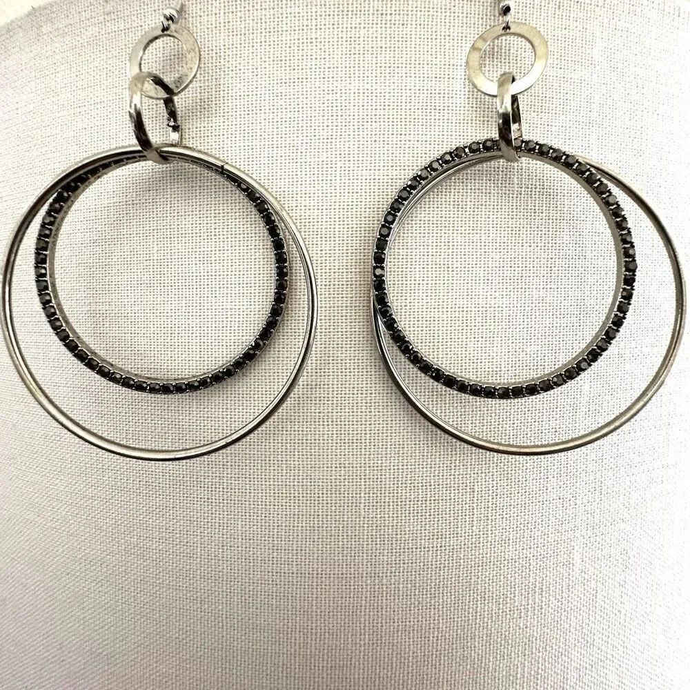 Silver tone blackโrhinestone double circle statement earrings